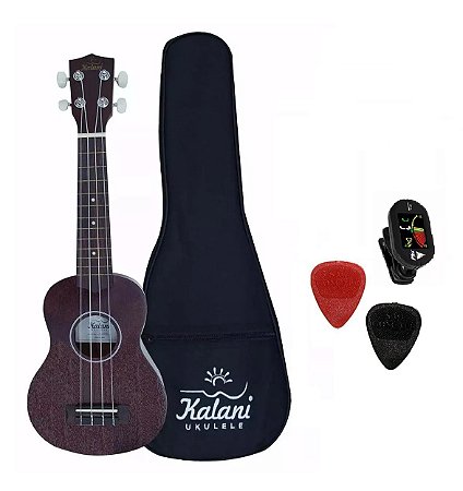 Kit Ukulele Soprano Kalani Tabaco Capa Afinador 2 Palhetas