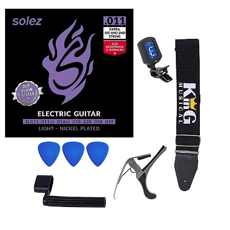 Kit Encordoamento Solez Guitarra 11 Palheta Correia Afinador