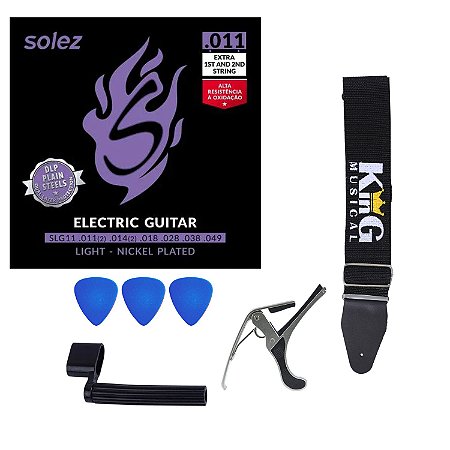 Kit Encordoamento Solez Guitarra 11 Palheta Capo Encordoador