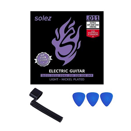 Kit Encordoamento Solez Guitarra 011 Encordoador Palhetas