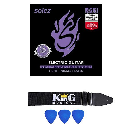 Kit Encordoamento Solez Guitarra 011 Palhetas e Correia King