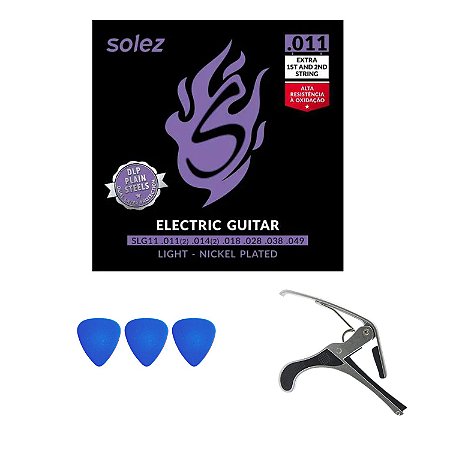 Kit Encordoamento Solez Guitarra 011 Capotraste e Palhetas