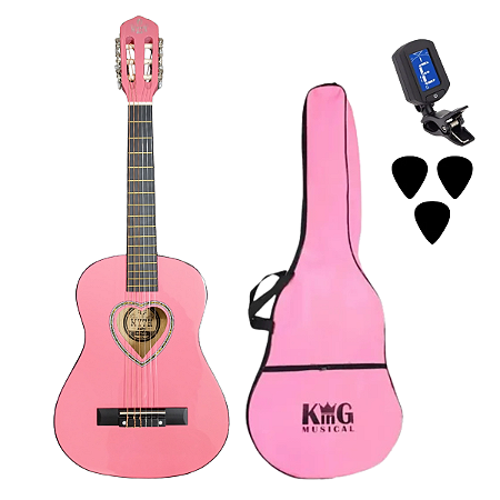 Kit Violão Nylon Com Acessórios Rosa Infantil Pink Heart 3/4