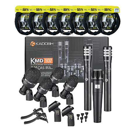 Kit 7 Microfones para Bateria Kadosh KMD 107 e Cabos