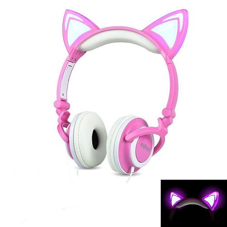 Headphone Bluetooth Orelhas Led Fone Gatinho Hf-c240bt Rosa