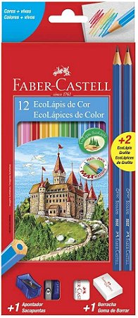 Kit Escolar Lápis de cor +2 Lápis Max + Apontador + borracha Faber-Castell 12 Cores