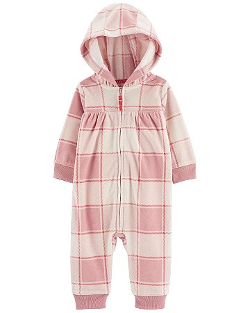 Macacão Carter's Fleece Xadrez Rosa Coração com Capuz