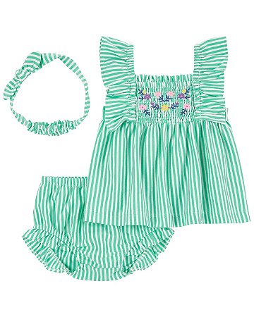 Bata Carter's 3 Peças Verde Listrado Flores Bordadas