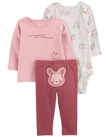 Conjunto Carter's 3 Peças Longo Rosa Coelho
