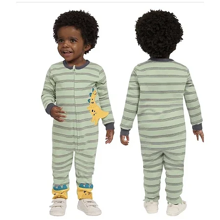 Macacão Koala Baby Malha Dino Listras Verde s/ pé