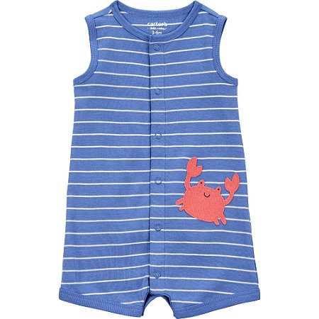Romper Carter's Malha Regata Caranguejo Azul Listras