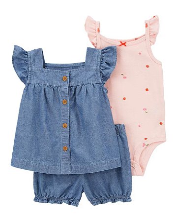 Conjunto Carter's 3 Peças Jeans Botões Cereja