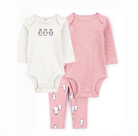 Conjunto Carter's 3 Peças Rosa Pinguins