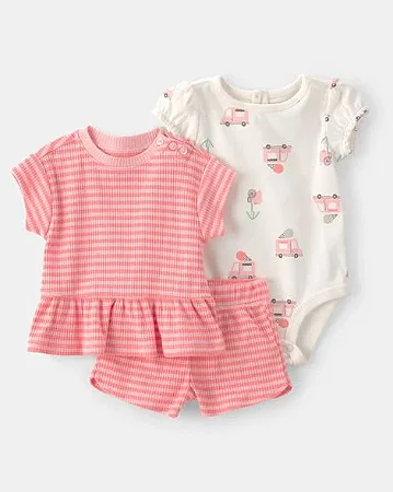 Conjunto Carter's 3 Peças Rosa Listras Caminhãozinho
