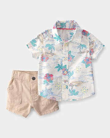 Conjunto Carter's 2 Peças Bege Camisa Botões Tropical