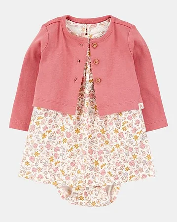 Conjunto Carter's 2 Peças Vestido Body Floral com Cardigan Rosa