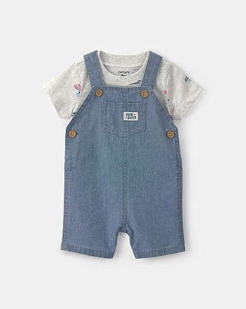 Jardineira Carter's 2 peças Jeans Camiseta Cinza Navio