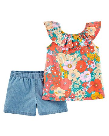 Conjunto Carter's 2 Peças Floral Shorts Jeans