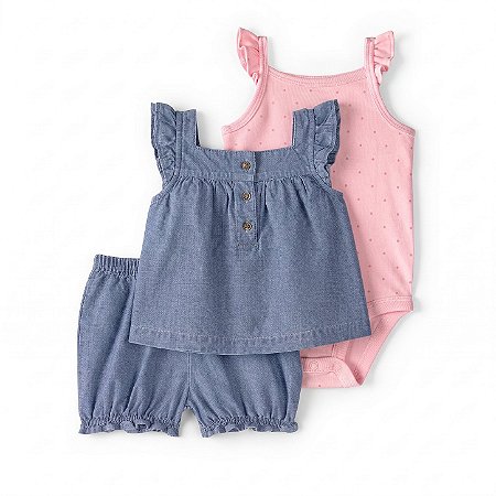 Conjunto Carter's 3 Peças Jeans Body Poa Rosa