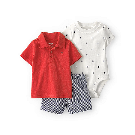 Conjunto Carter's 3 Peças Vermelho Polo Âncora