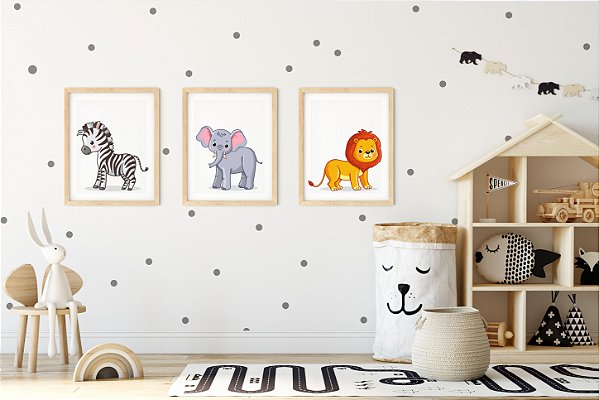 Kit Quadro Infantil Zebra Elefante Leão