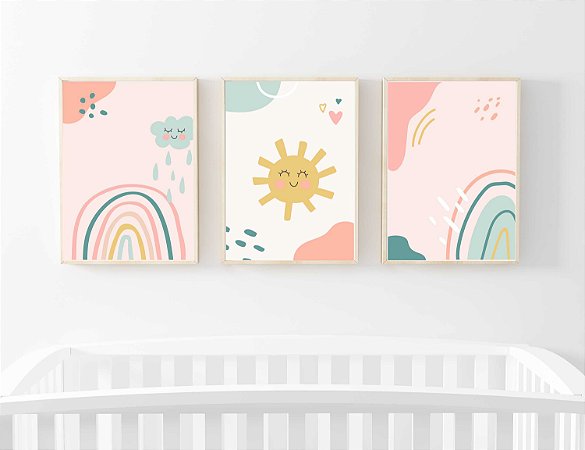 Kit Quadro Infantil Sol Arco-íris Nuvem Rosa