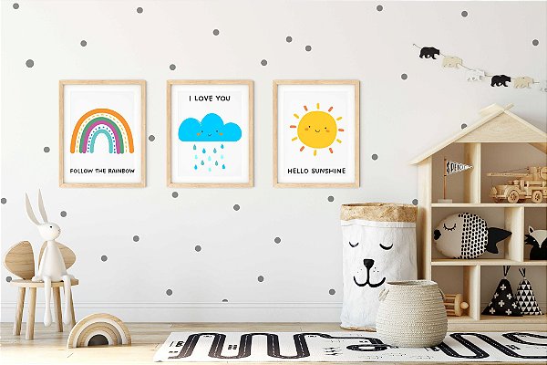 Kit Quadro Infantil Sol Nuvem Arco-íris Colorido