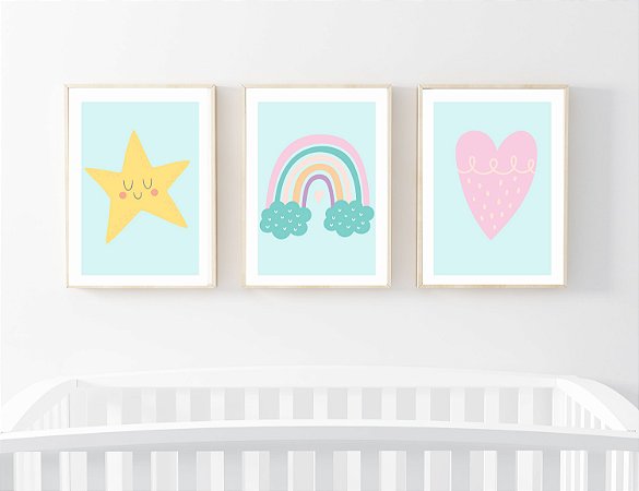 Kit Quadro Infantil Estrela Arco-íris Coração