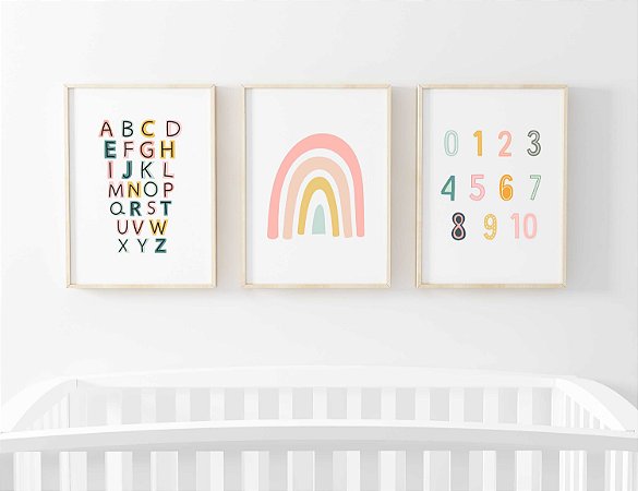 Kit Quadro Infantil Alfabeto Arco-íris Rosa