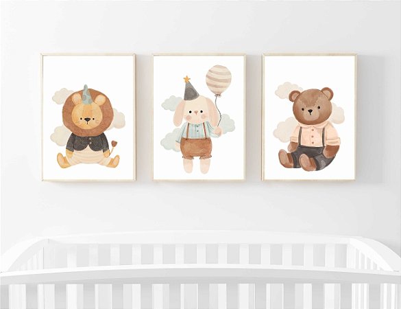 Kit Quadro Infantil Animais Aquarela Nuvem