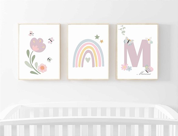 Kit Quadro Infantil Flores Arco-íris Nome