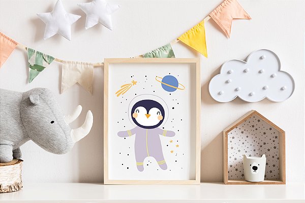 Quadro Infantil Pinguim Astronauta