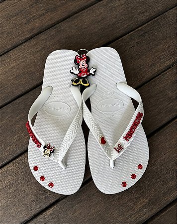 Chinelo Havaianas Personalizado Pin Minnie+laço+coração+logo branco