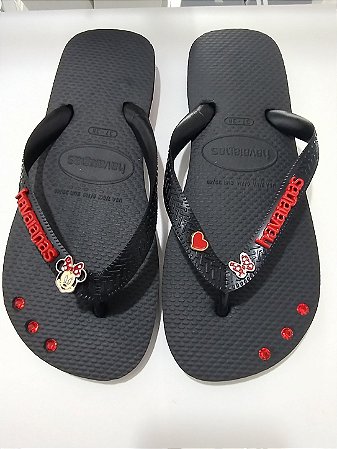 Chinelo Havaianas Personalizado Pin Minnie+laço+coração+logo preto