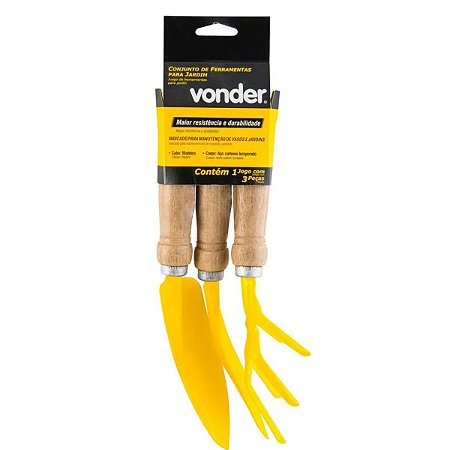 Conjunto De Ferramentas Para Jardinagem Vonder Com 3 Peças Amarelo Com Cabo De Madeira Original