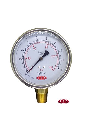 MANOMETRO RETO 100MM 150PSI X 10KG ROSCA 1/2 CAIXA INOX