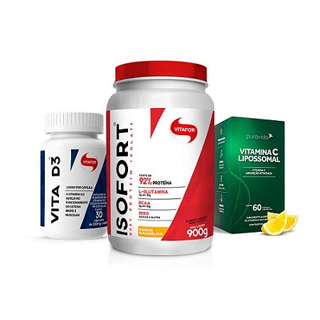 Kit Imunidade & Whey Protein - Vita C Puravida + Vita D3 Vitafor + Isofort 900g Vitafor