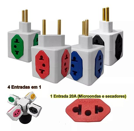 Adaptador Tomada Pino Cubo Colorido 4 Saídas 10a 20a