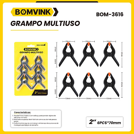 CONJUNTO COM 6 GRAMPOS MULTIUSO COM MOLA BOM-3616