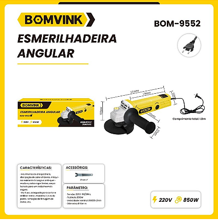 ESMERILHADEIRA ANGULAR PROFISSIONAL COM 1 ACESSÓRIO. 220V 850W BOM-9552