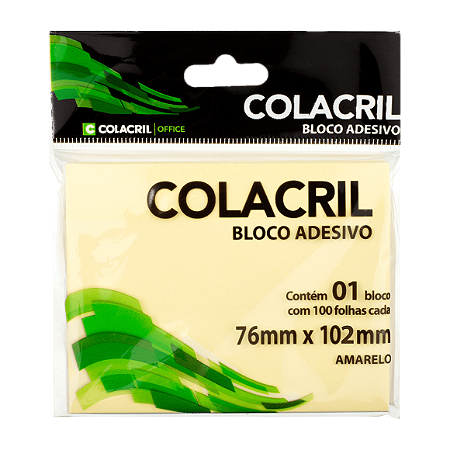 BLOCO ADESIVO (POST IT) - 100FLS - AMARELO - 76MMX102MM - MARCA COLACRIL