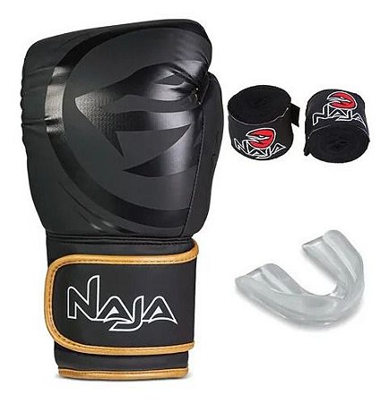 Kit Muay Thai Boxe Naja Luva + Bandagem + Bucal + Bag 10 Oz