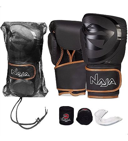 Kit Muay Thai Boxe Naja Luva Black Line  Pta e Dourada 14 Oz