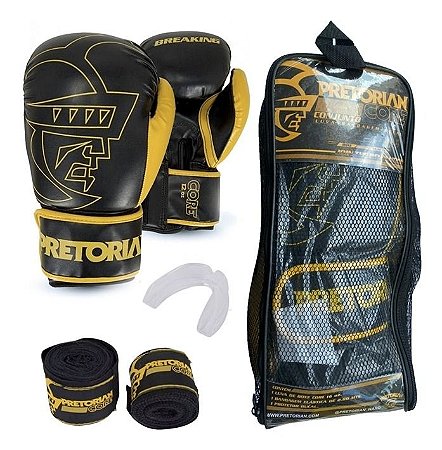 Kit Muay Thai Boxe Pretorian Luva Core Preta E Amarela 12 Oz