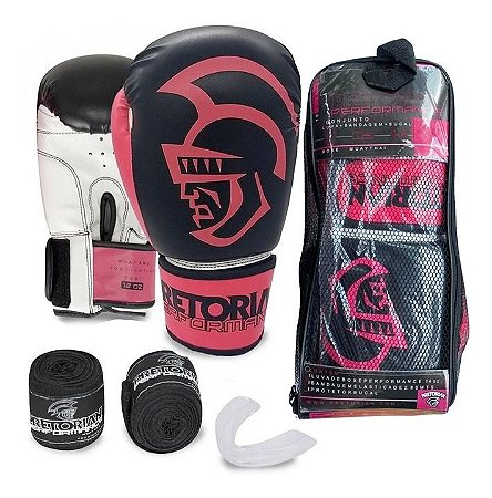 Kit Muay Thai Boxe Pretorian Luva Performance Rosa 14 OZ