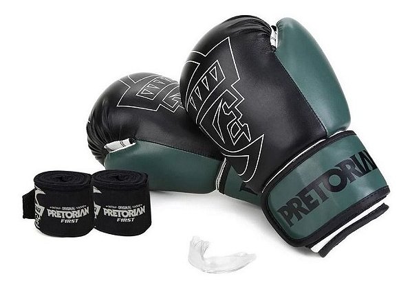 Kit Muay Thai Boxe Pretorian Luva First  Pta E Verde 10 Oz