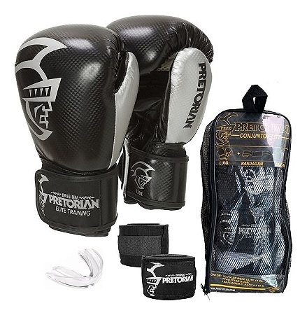 Kit Muay Thai Boxe Pretorian Luva Elite Pta e Prata 14 Oz