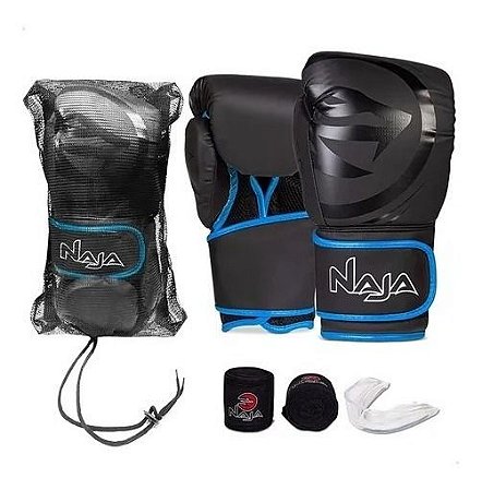 Kit Muay Thai Boxe Naja Luva Preta e Azul 14 OZ