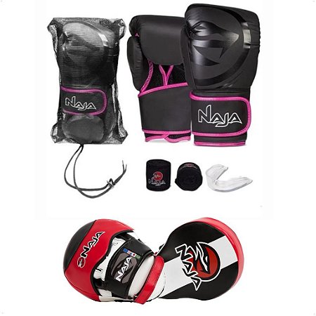 Kit Muay Thai Boxe Naja Luva Preta e Rosa 10 Oz + Manopla