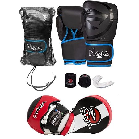 Kit Muay Thai Boxe Naja Luva Azul 14 OZ + Luva Manopla Foco